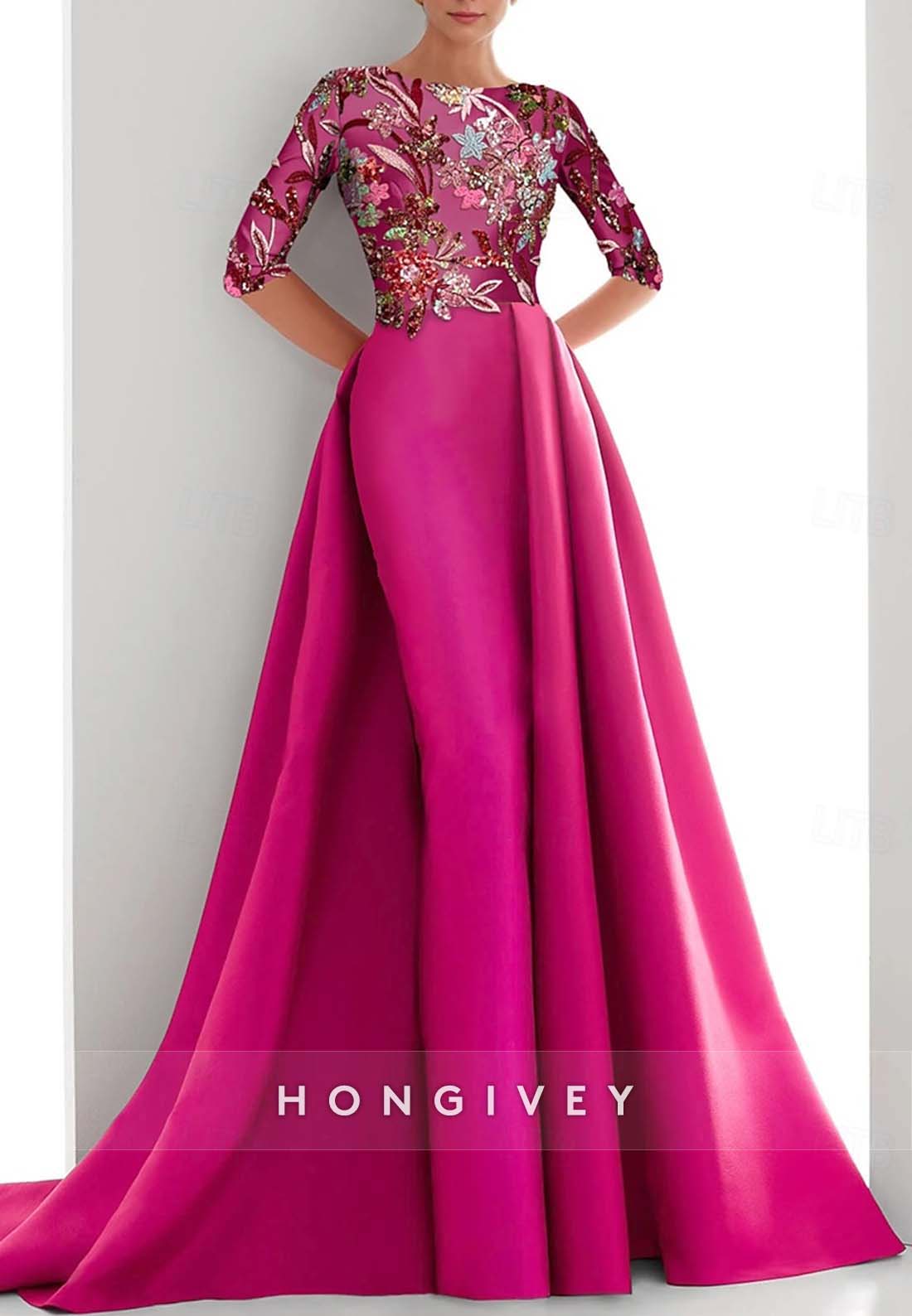 Half Sleeve Sheath Mother of the Bride Floor-Length Pleated Beading Evening Gown