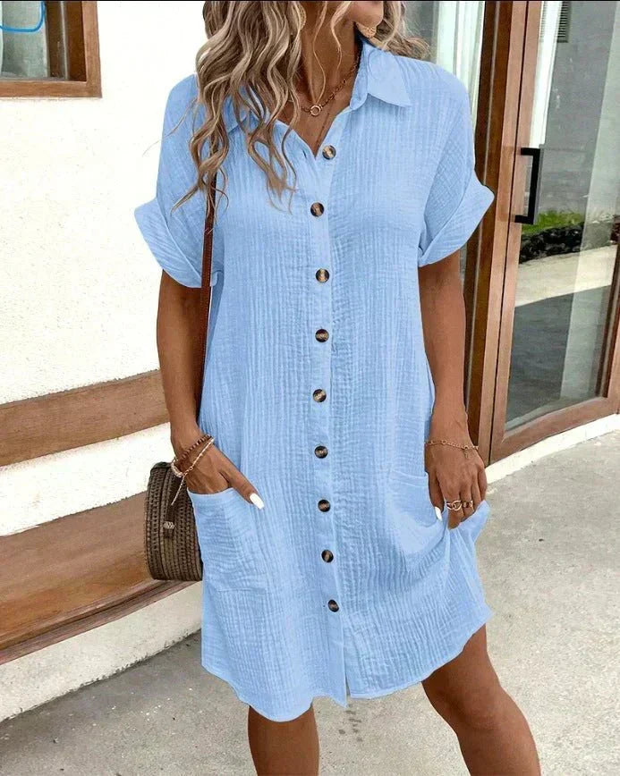 Crinkle Texture Short Sleeve Button Down Collar Mini Shirt Dress - View 3