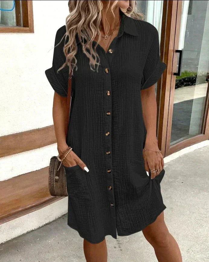 Crinkle Texture Short Sleeve Button Down Collar Mini Shirt Dress - View 5