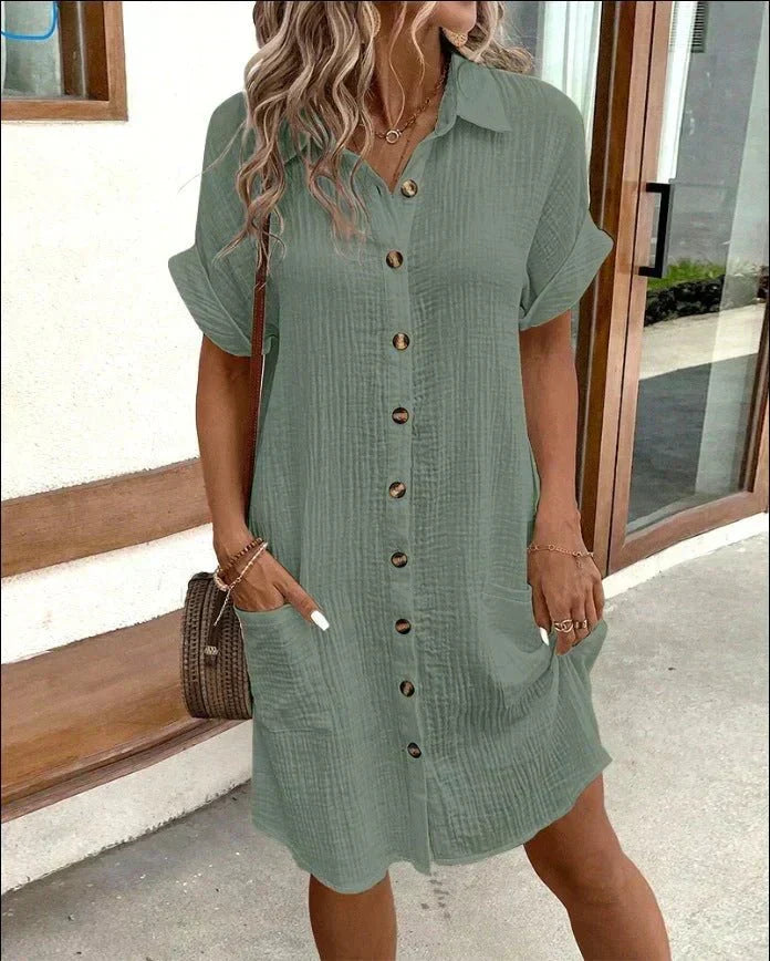 Crinkle Texture Short Sleeve Button Down Collar Mini Shirt Dress - View 4