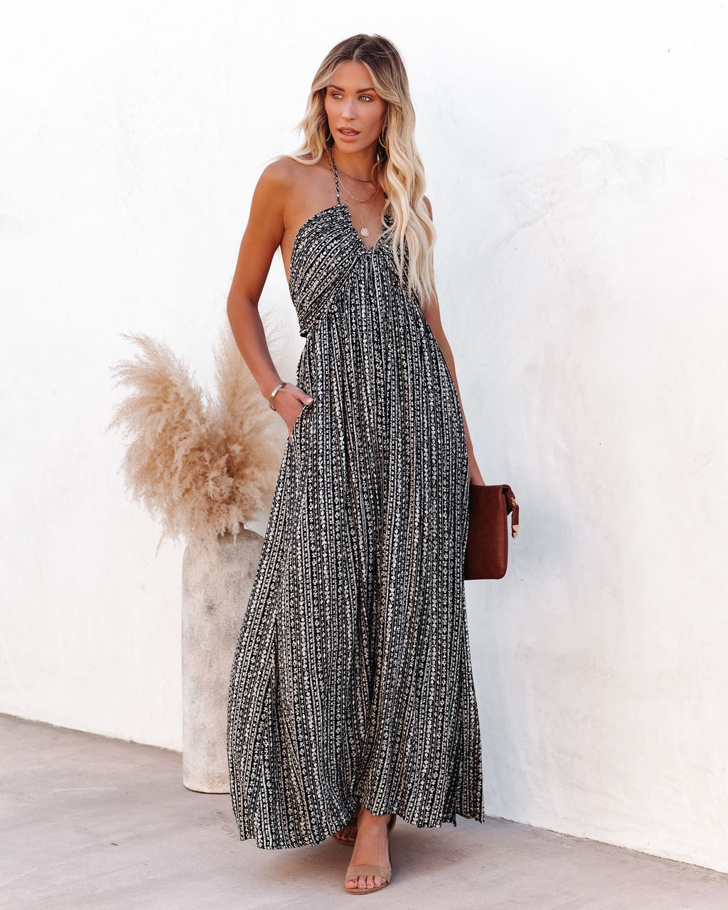 Printed Halter Neck Backless Tiered Maxi Dress