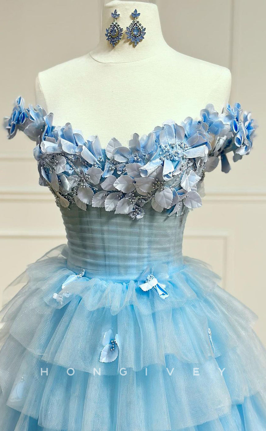 L2738 - A-Line Tulle Off-Shoulder Empire Tiered Appliques With Side Slit Prom Dress - Fashionpara