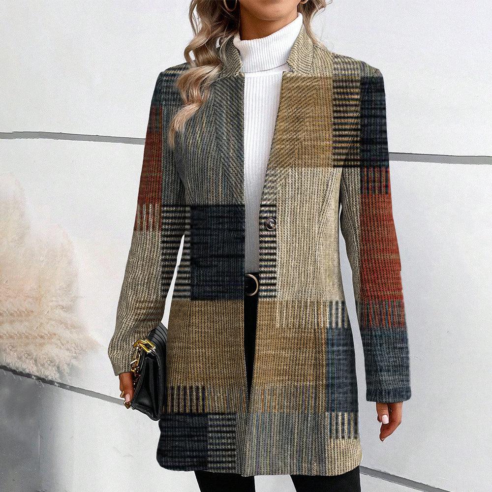 Plaid Patchwork Stand Collar Wool Look Coat