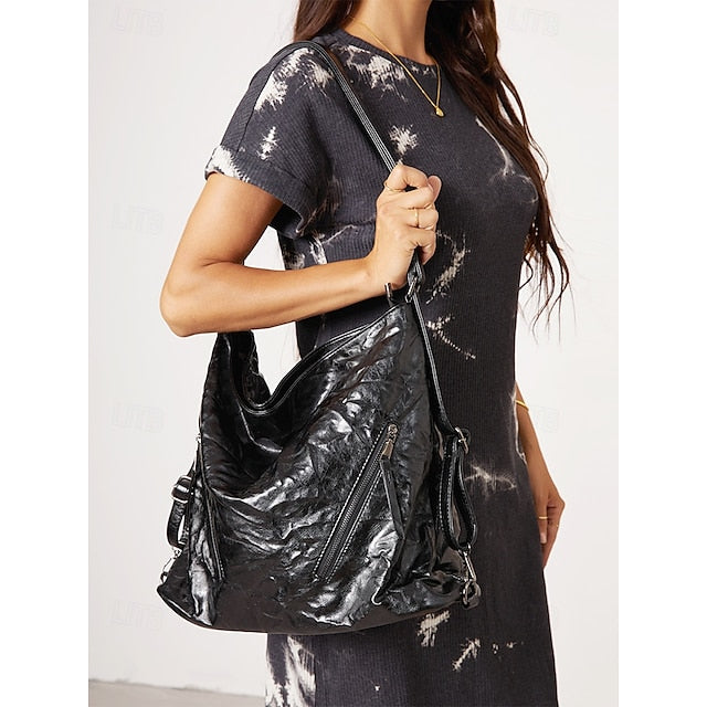 Black Hobo Leather Patent Crinkle Bag Sleek