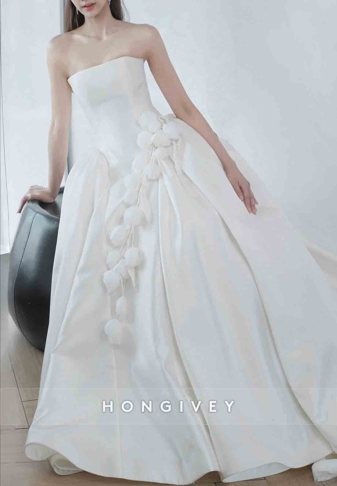 3D Floral Strapless Satin Court Train Princess Wedding Dresses