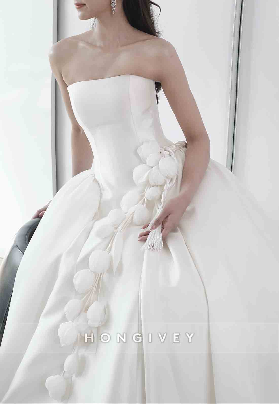 3D Floral Strapless Satin Court Train Princess Wedding Dresses