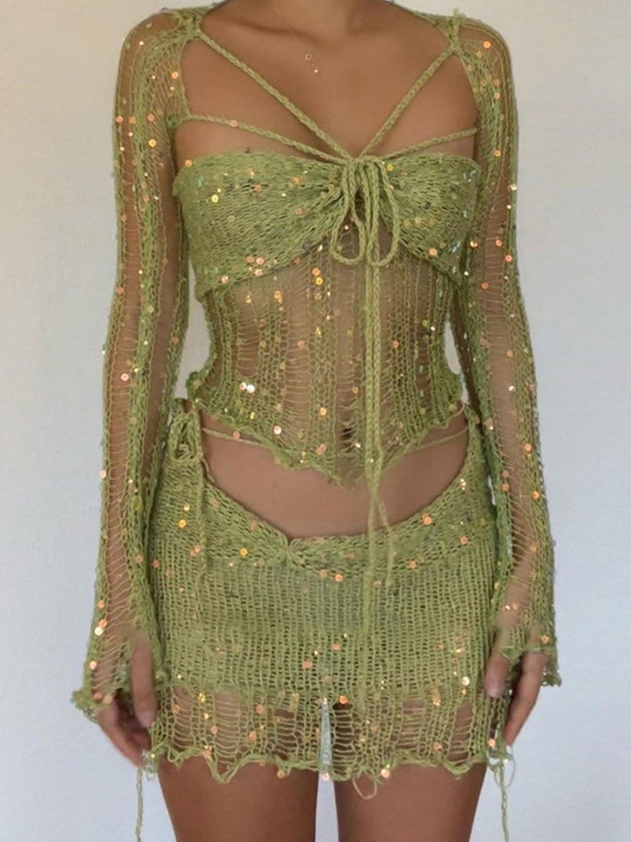 Gemma Knitted Hollow Out Top & Skirt Set - Fashion Pov