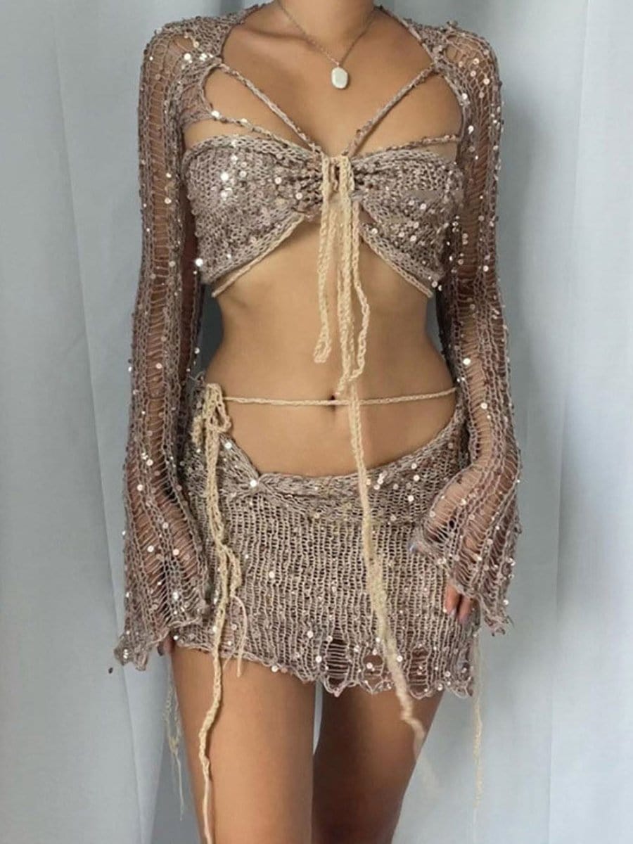 Gemma Knitted Hollow Out Top & Skirt Set - Fashion Pov