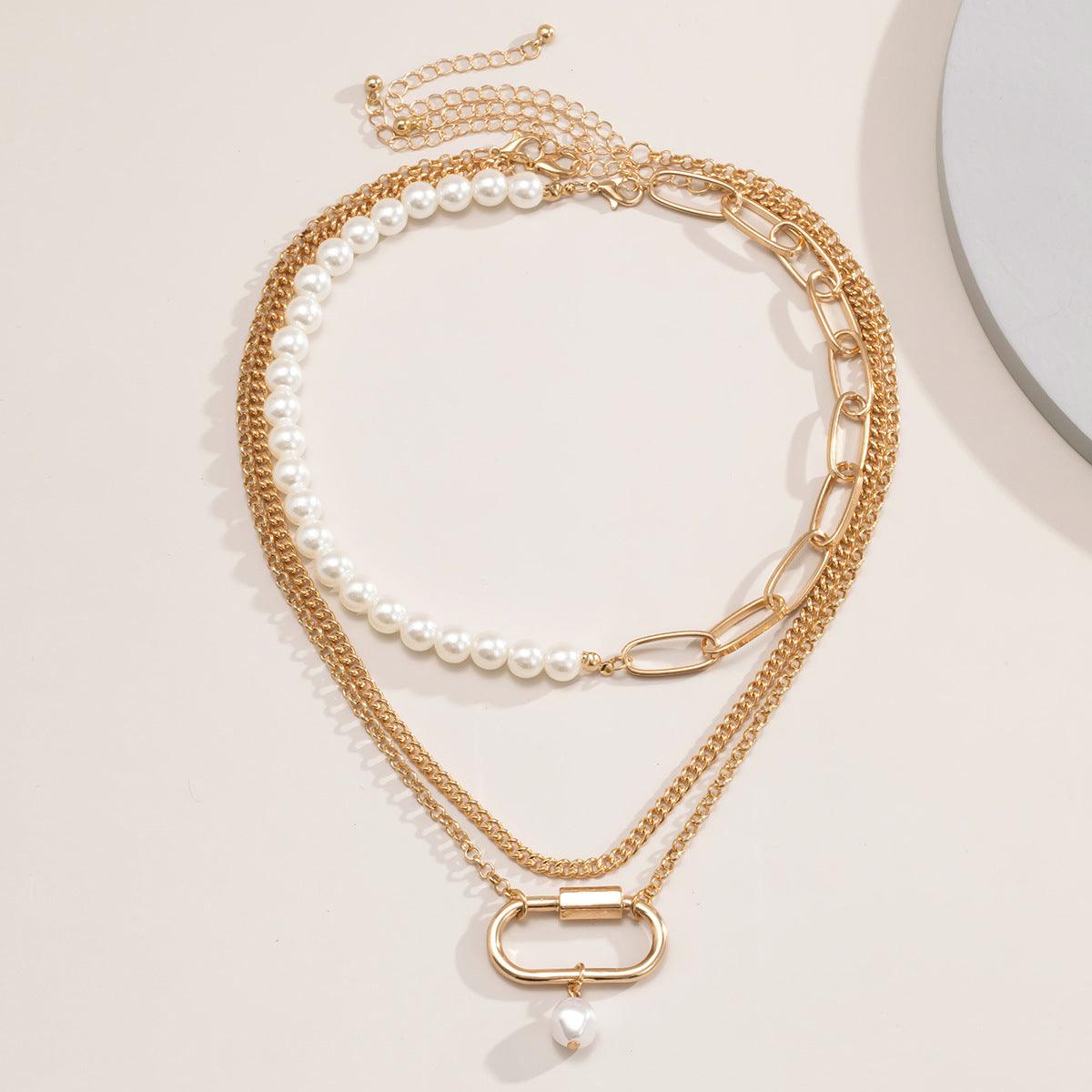 KittenAlarm - Genevieve 3 Pieces Pearl Metal Block Necklace Set