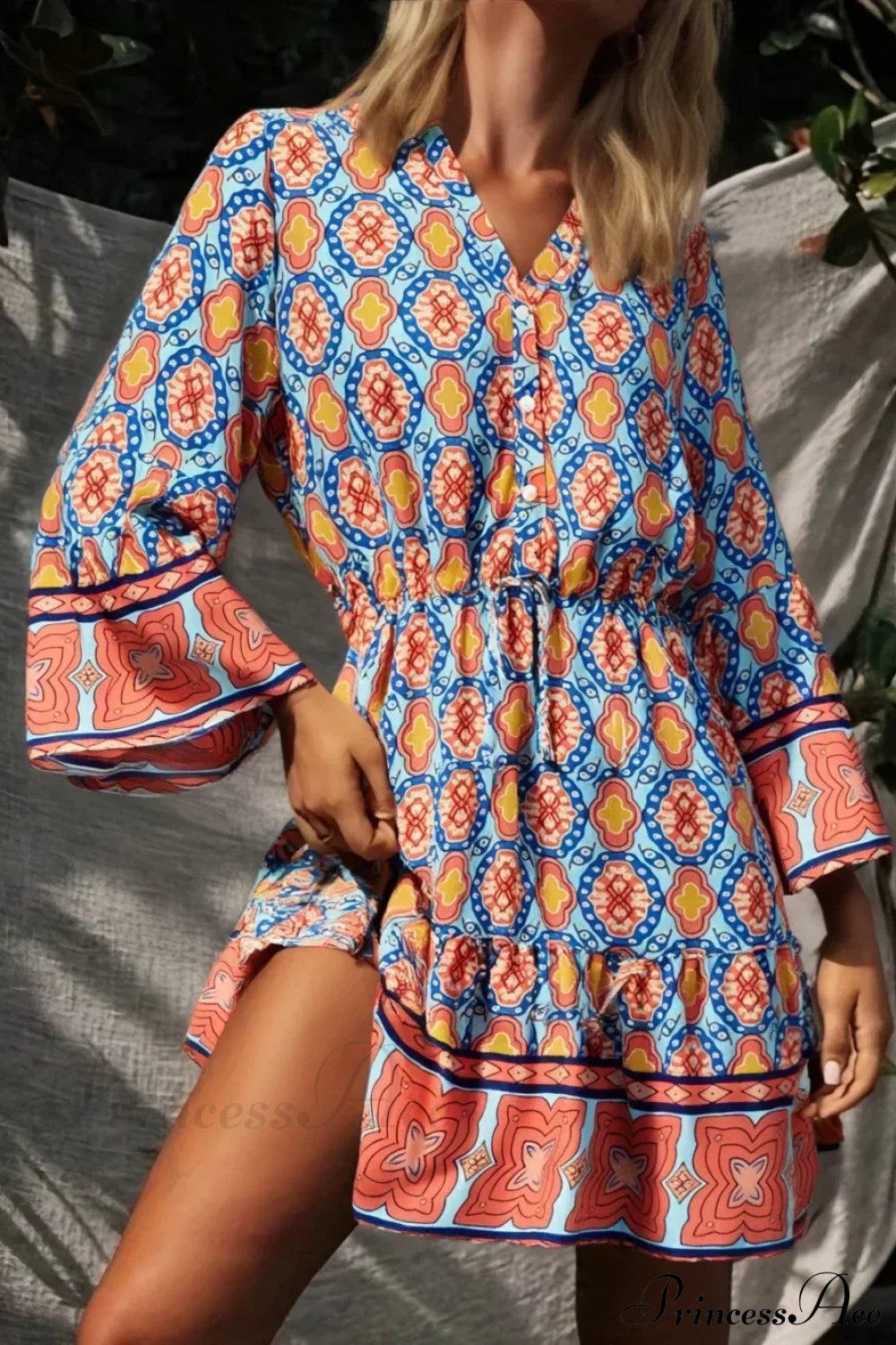 Geometry Print Boho Flare Sleeve Dress Blue / S bohodress-250126