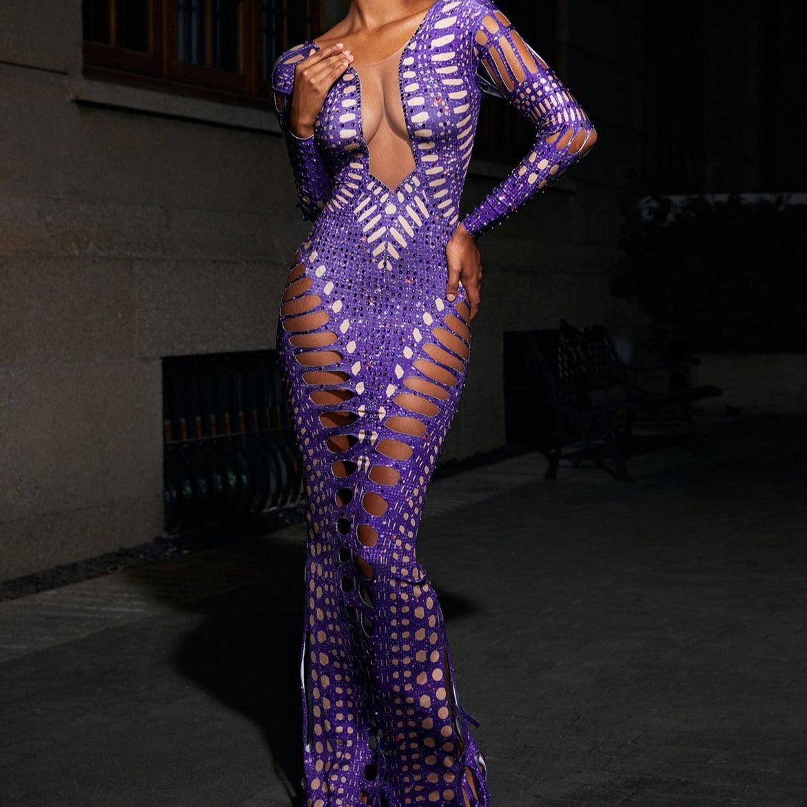 KittenAlarm - Gertie Purple Rhinestone Cutout Maxi Dress