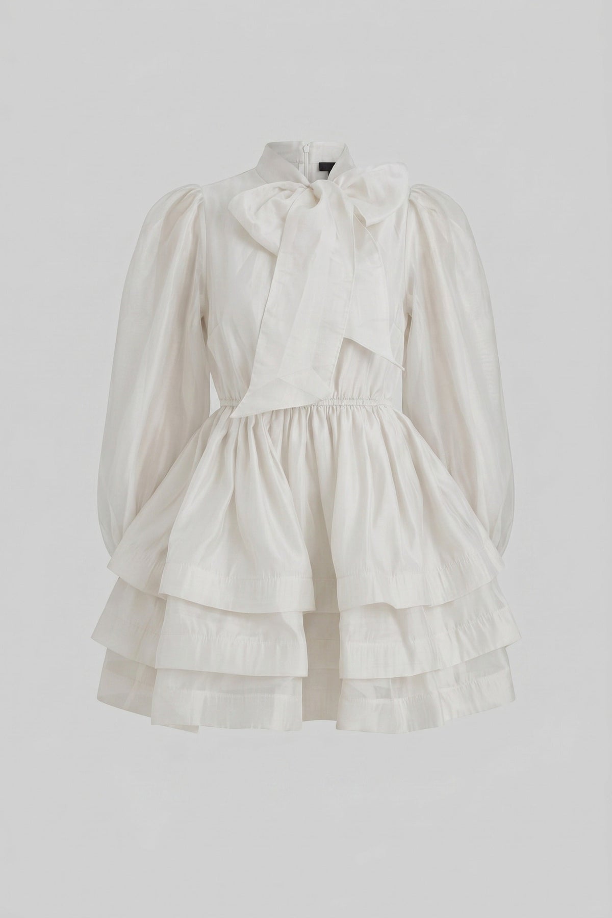 High-Neck Puff-Sleeve Mini Dress - White - View 2