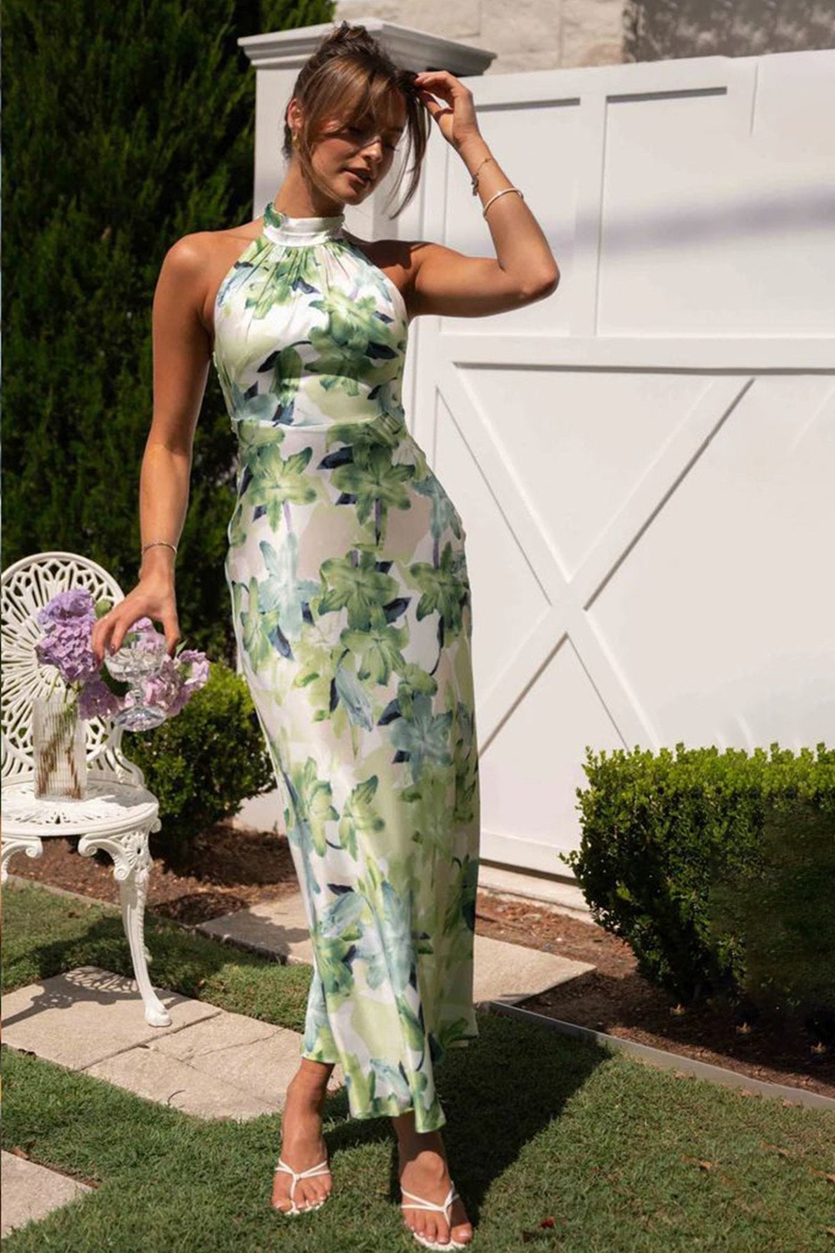 Floral Halter Neck Backless Satin Slip Maxi Dress - View 7