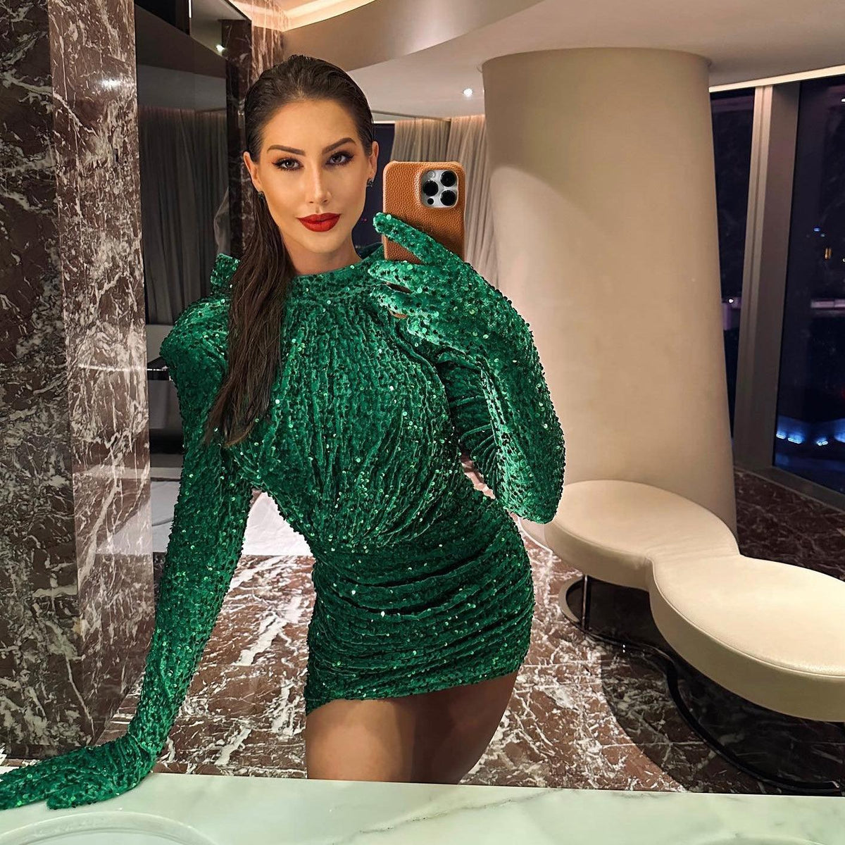Sequin High-Neck Long-Sleeve Glove-Cuff Ruched Mini Dress 9