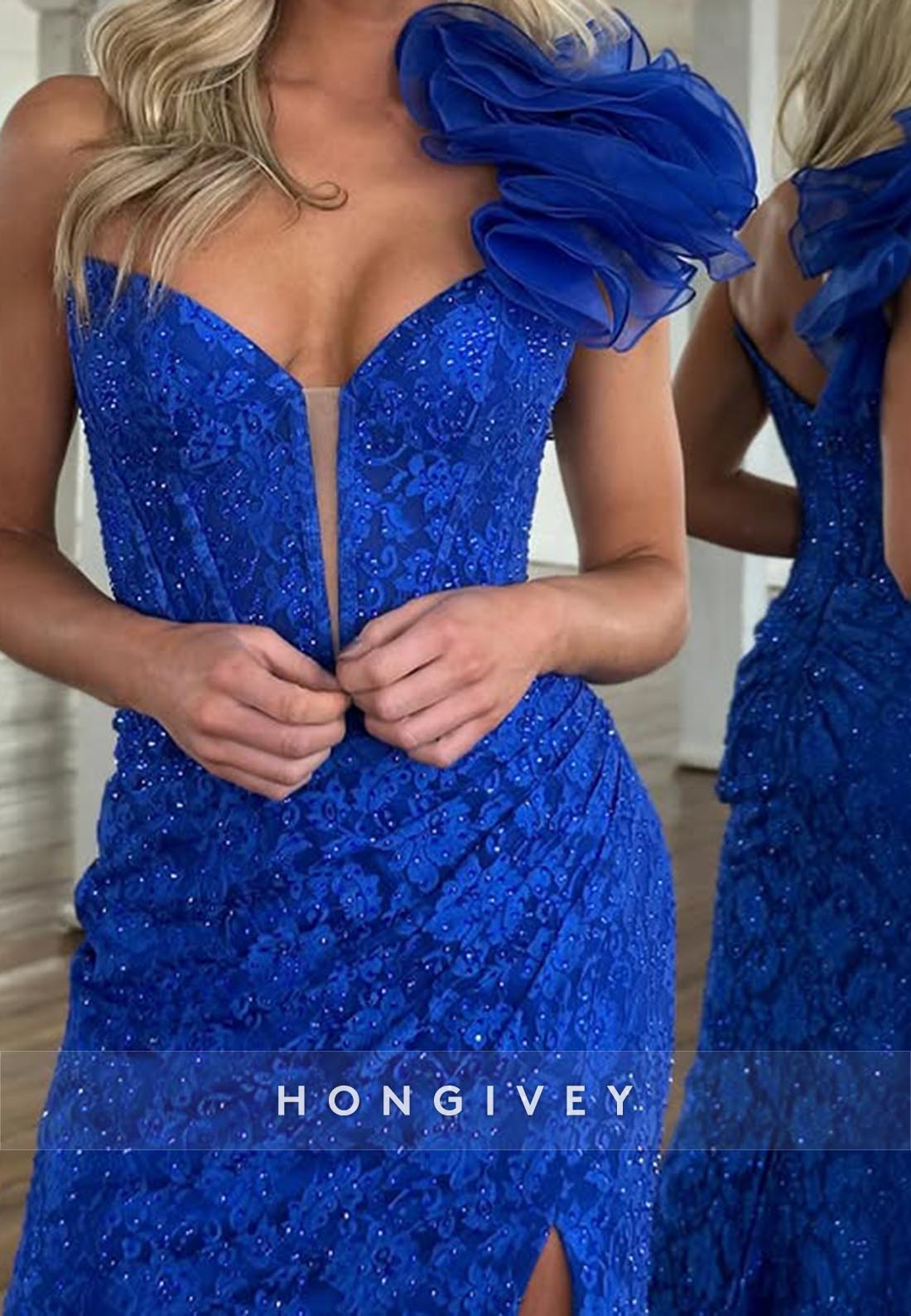 Allover  Lace Applique Floral Embossed Mermaid V-Neckline Prom Dresses