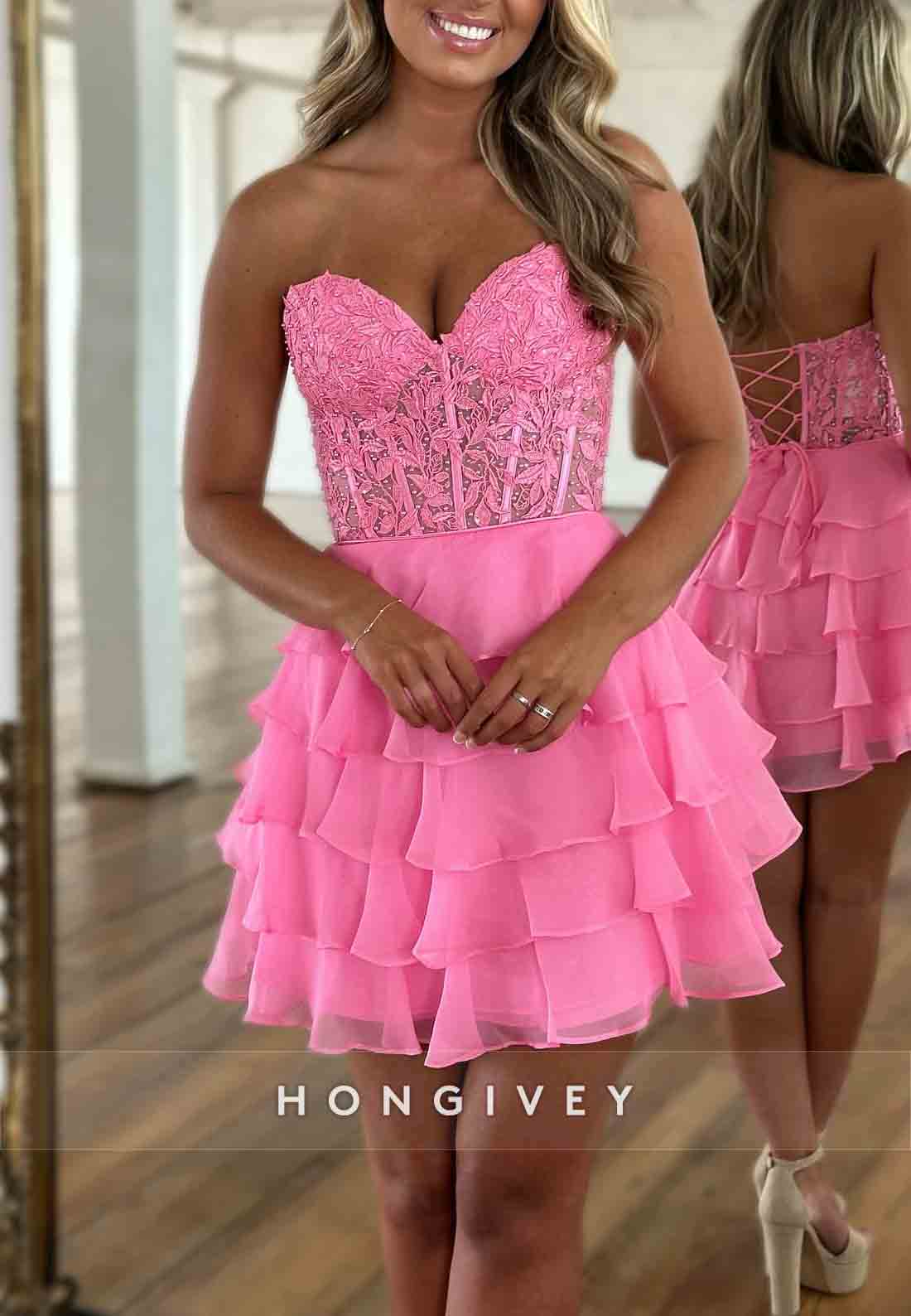 Tie Back Appliqued Strapless Ruched A-Line Sweetheart Short Homecoming Dresses