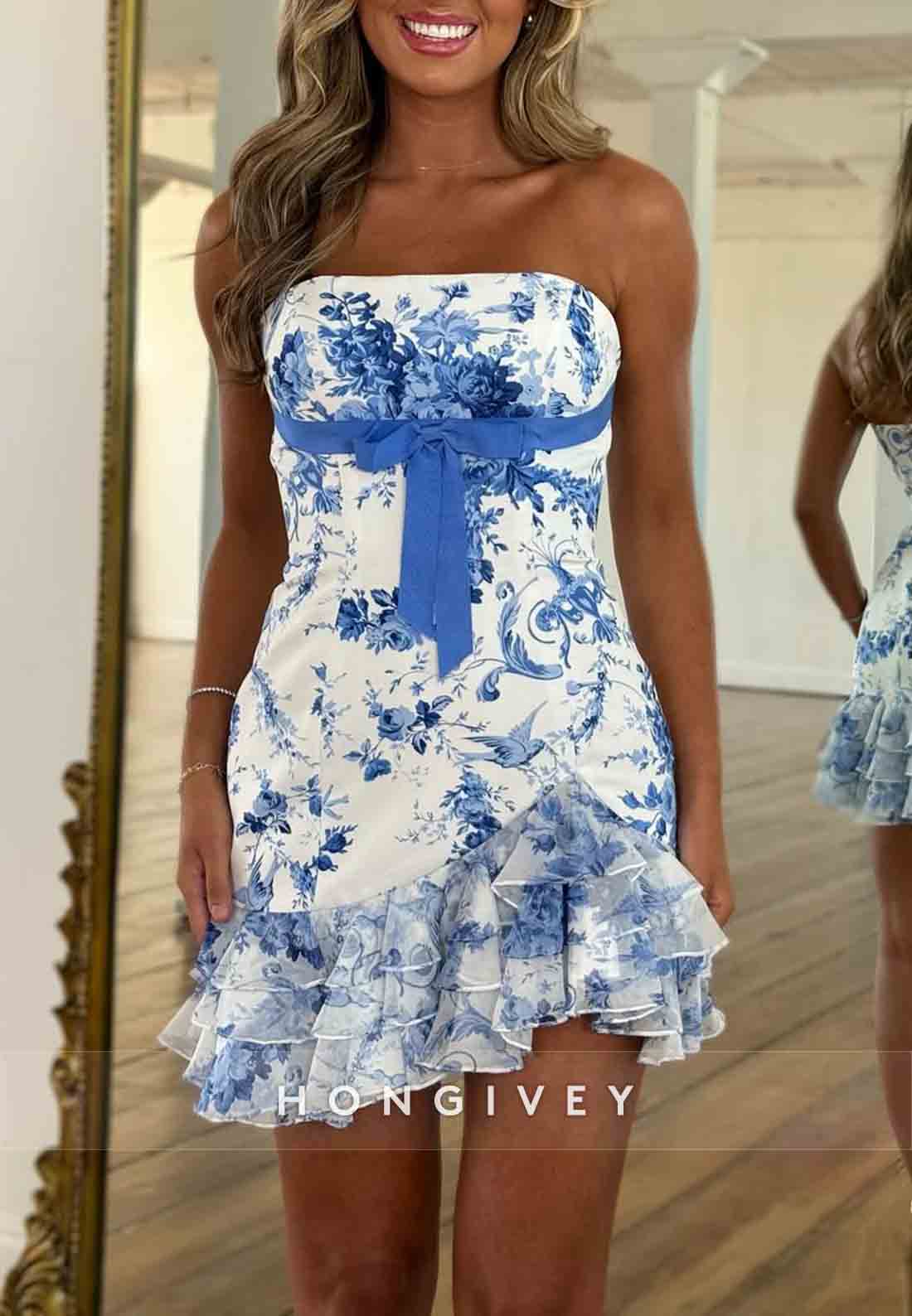 Floral Print Strapless Bowknot Pleated Sleeveless Mini Homecoming Dresses