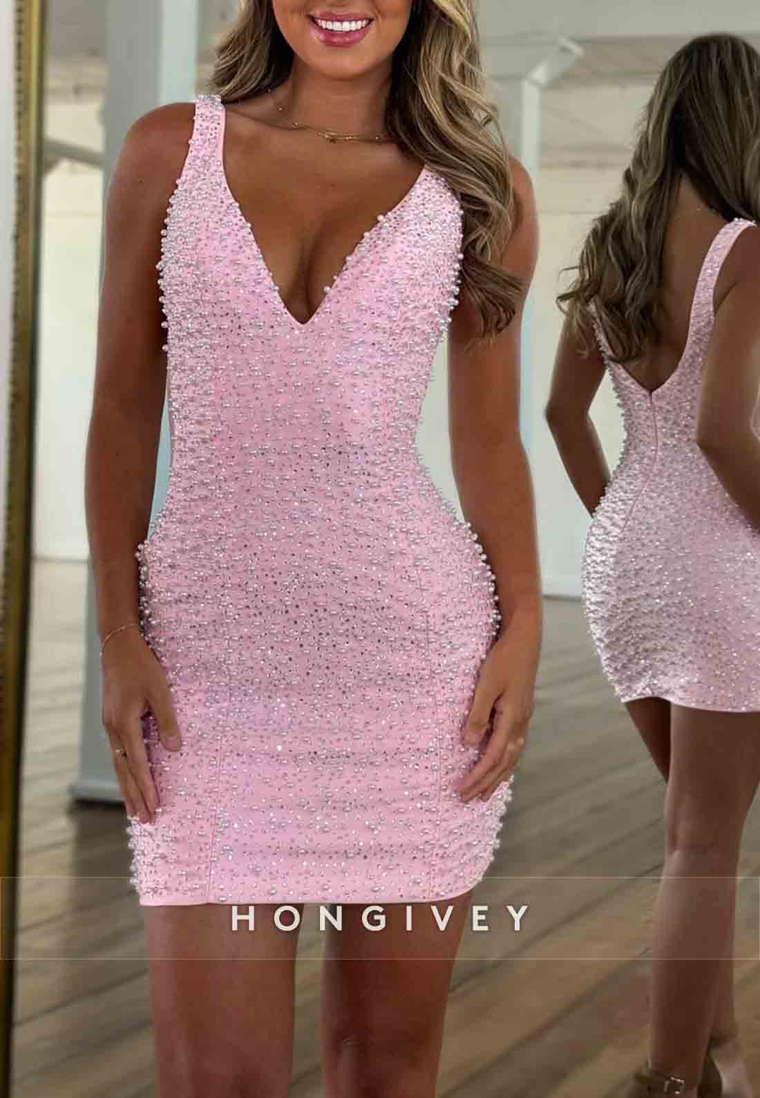 V-Neck Sleeveless Sheath Regular Straps Beading V Back Mini Homecoming Dresses