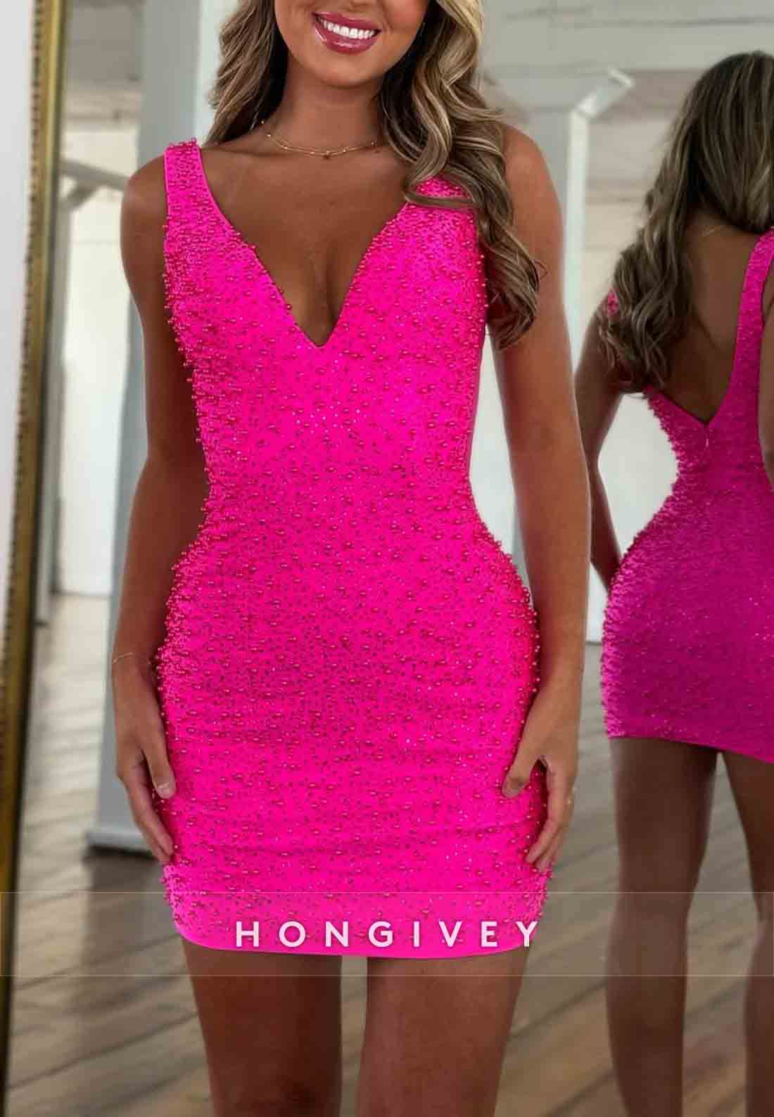 V-Neck Sleeveless Sheath Regular Straps Beading V Back Mini Homecoming Dresses