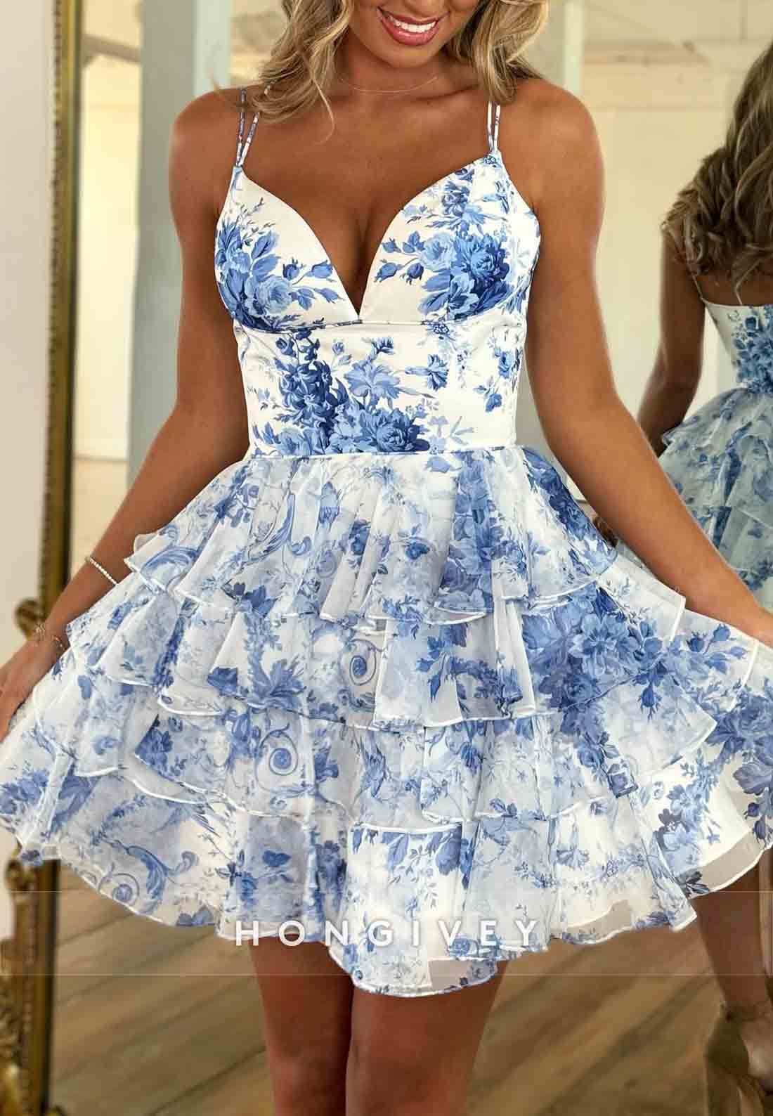 Floral Print V-Neck A-Line Spaghetti Straps Sleeveless Ruched Short Homecoming Dresses