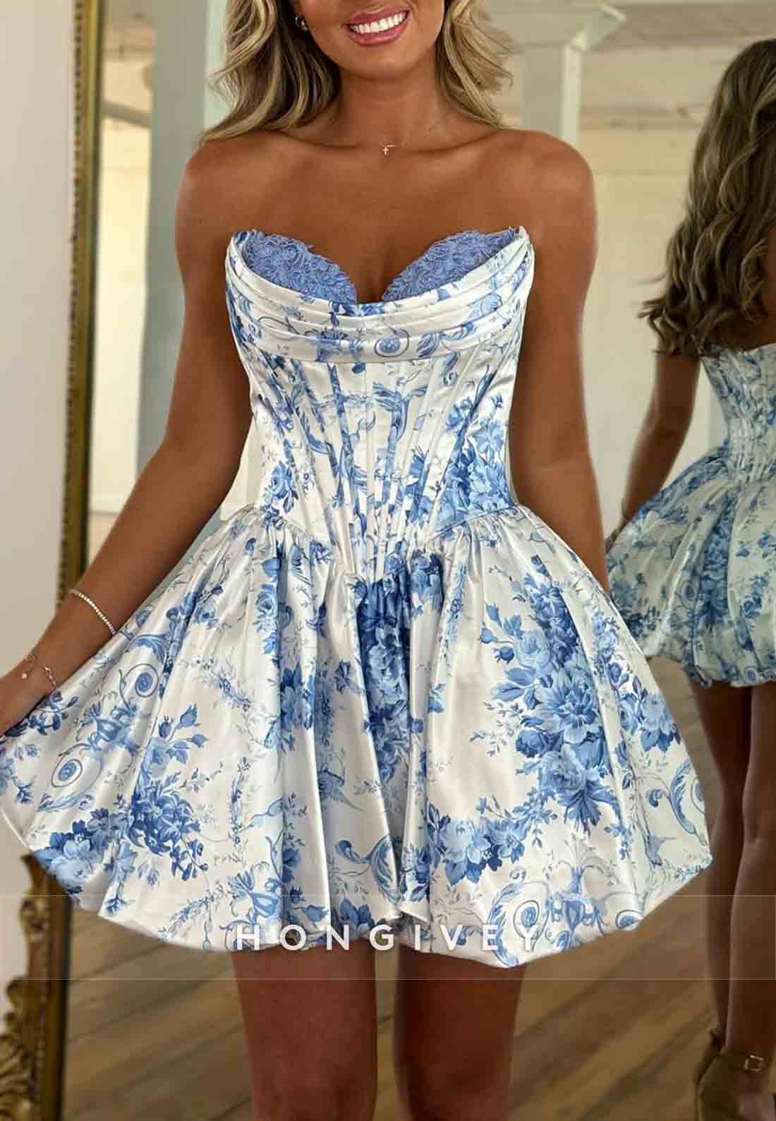 Floral Print Strapless Pleated Sleeveless A-Line Mini Homecoming Dresses