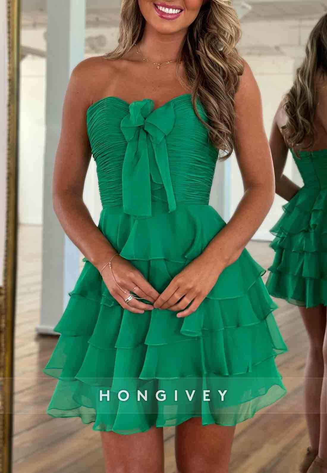 Bowknot Strapless A-Line Sweetheart Ruffles Short Homecoming Dresses