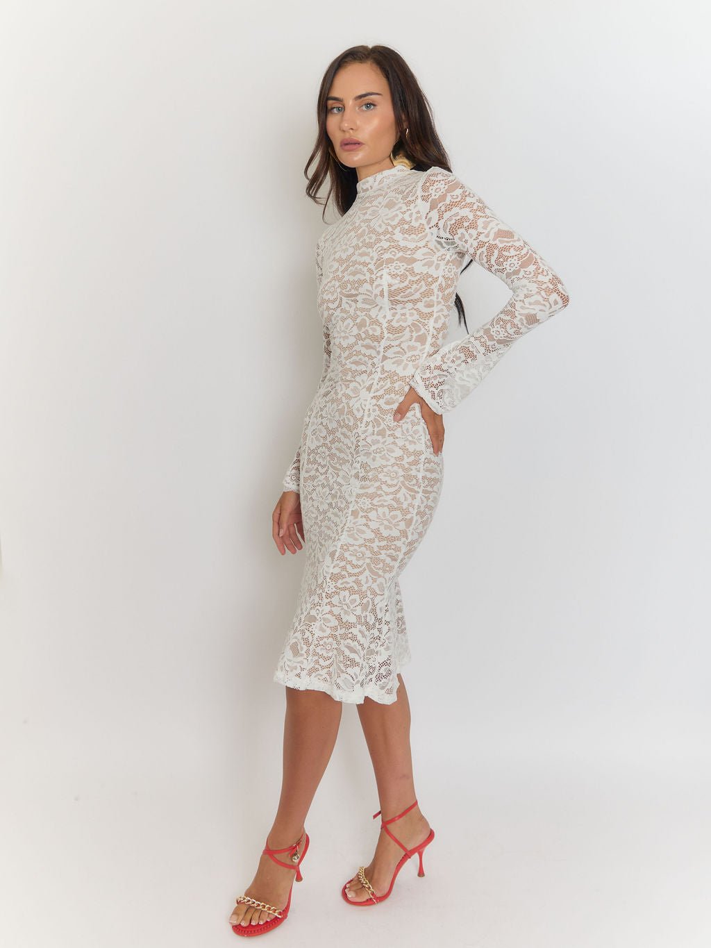 Giulia High Collar Lace Midi Dress in White - View 6