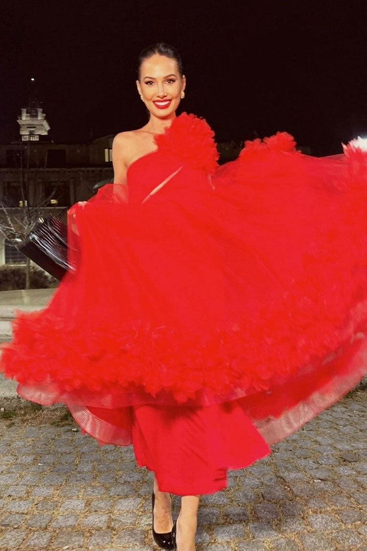 Glamorous 3D Rosette One Shoulder A Line Tulle Evening Maxi Dress - Red  Fashionpara
