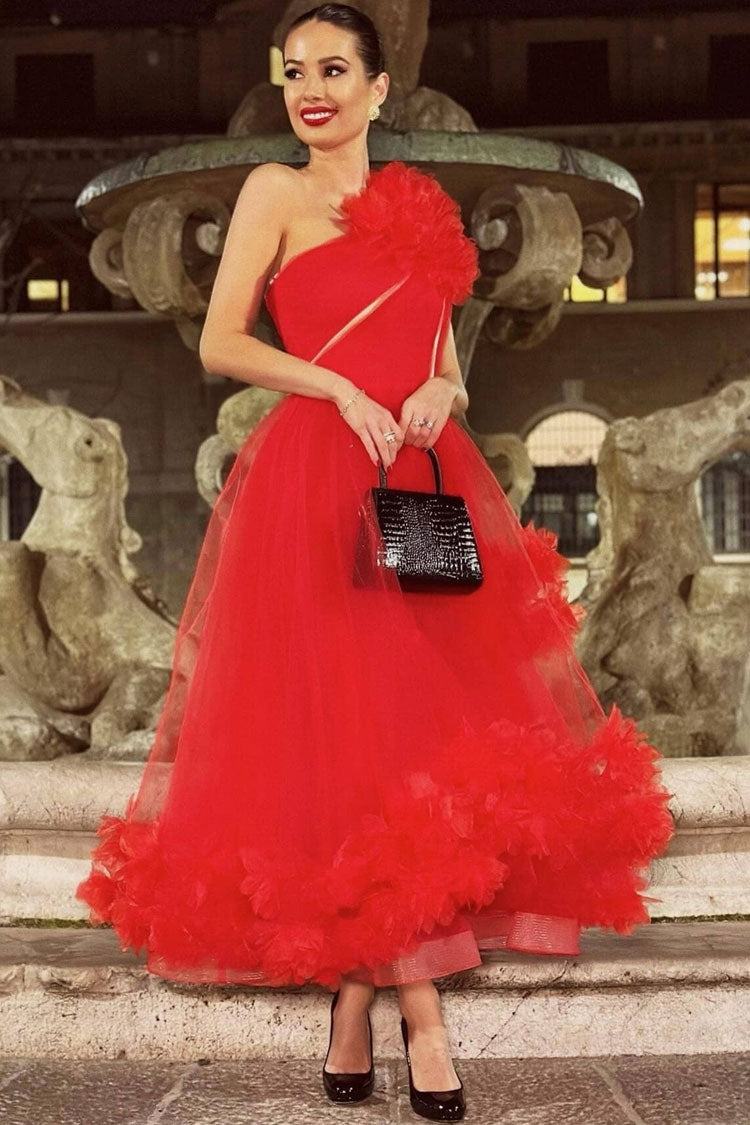 Glamorous 3D Rosette One Shoulder A Line Tulle Evening Maxi Dress - Red  Fashionpara