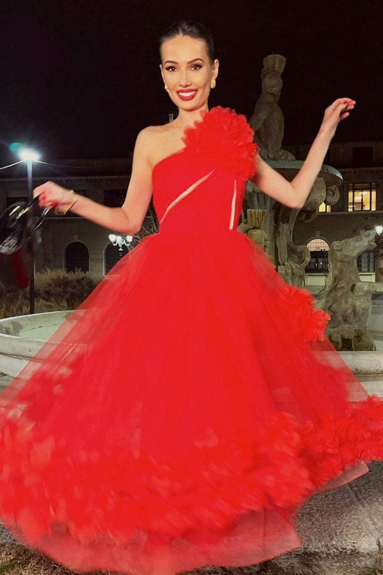 Glamorous 3D Rosette One Shoulder A Line Tulle Evening Maxi Dress - Red  Fashionpara