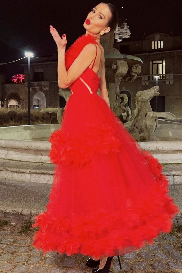 Glamorous 3D Rosette One Shoulder A Line Tulle Evening Maxi Dress - Red  Fashionpara