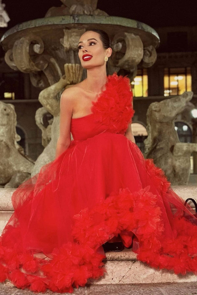 Glamorous 3D Rosette One Shoulder A Line Tulle Evening Maxi Dress - Red  Fashionpara