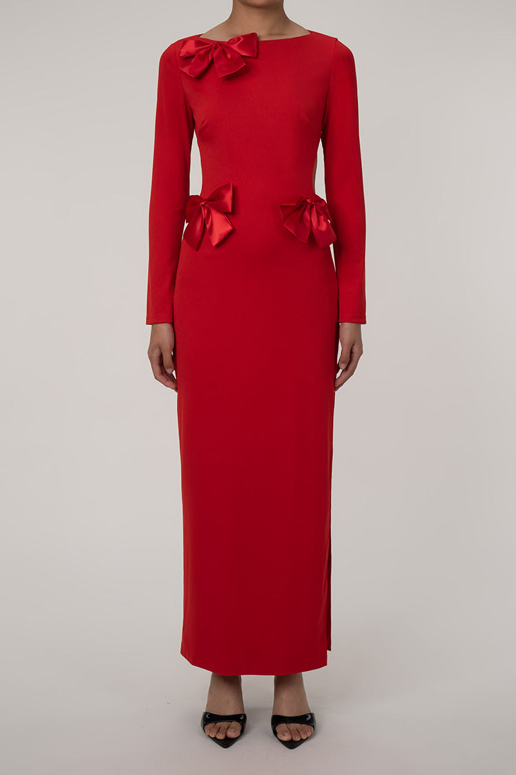 Glamorous Big Bow Crew Neck Long Sleeve Cutout Back Split Evening Maxi Dress - Red  Fashionpara