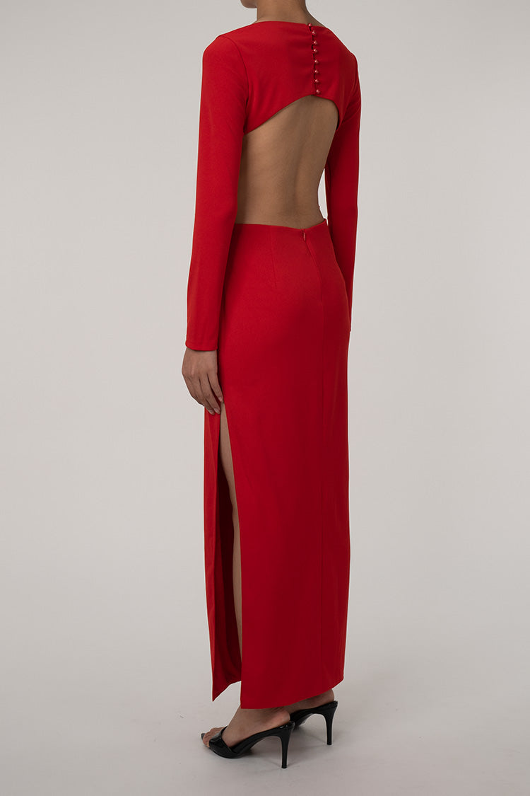 Glamorous Big Bow Crew Neck Long Sleeve Cutout Back Split Evening Maxi Dress - Red  Fashionpara