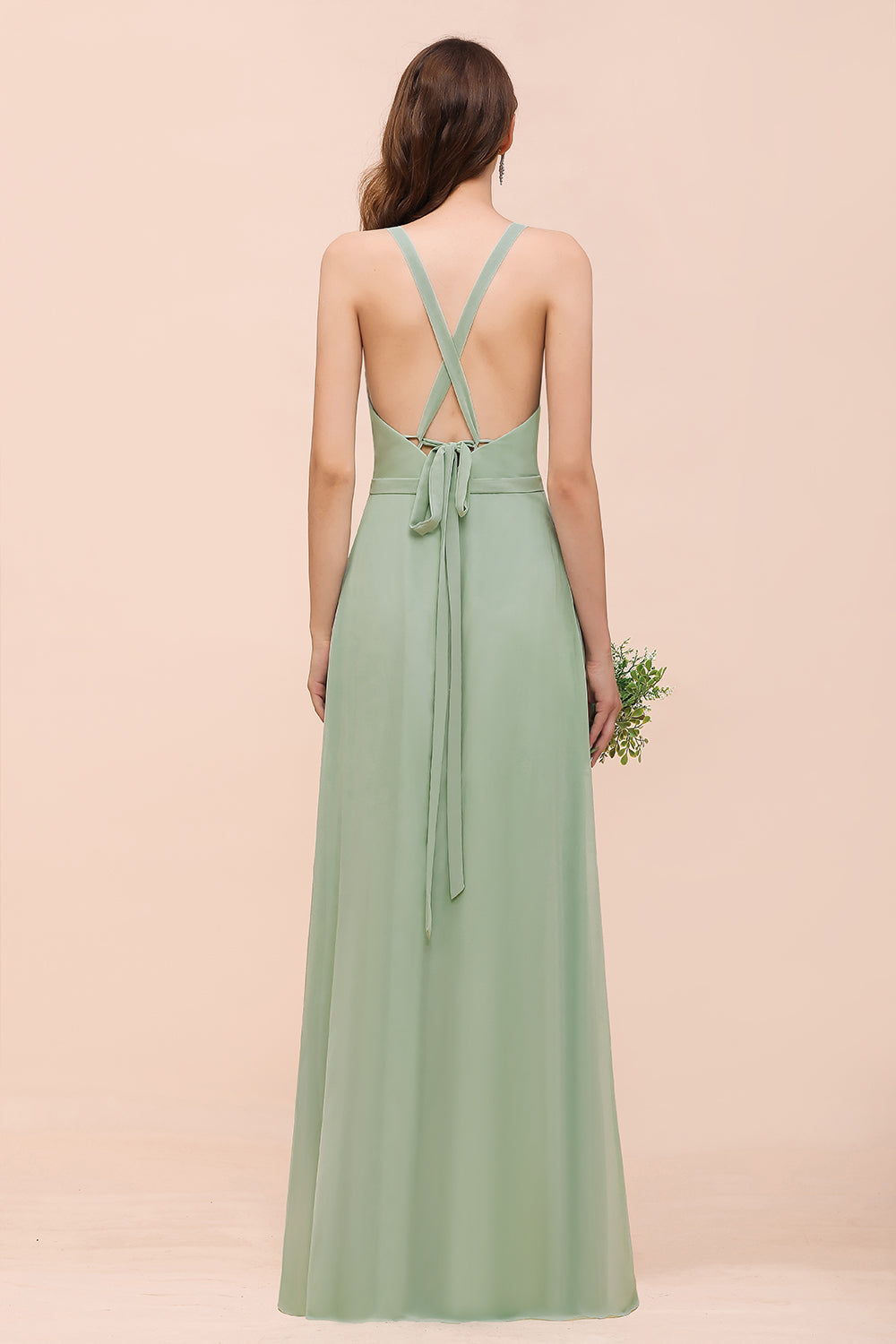 Glamorous Dusty Sage V-Neck Straps Affordable Bridesmaid Dresses - Fashionpara