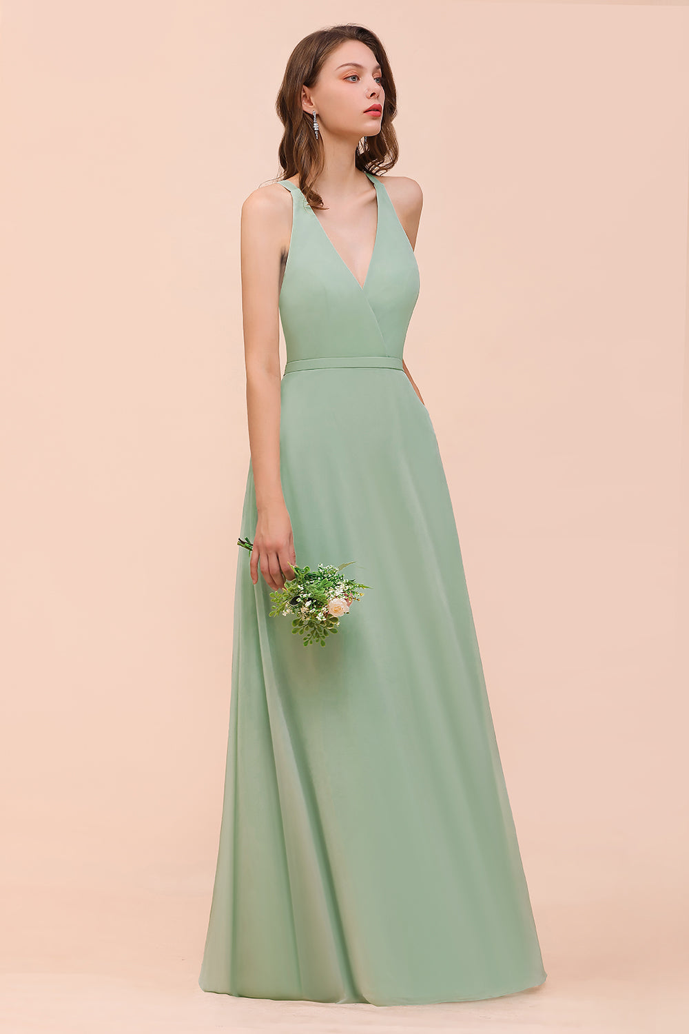 Glamorous Dusty Sage V-Neck Straps Affordable Bridesmaid Dresses - Fashionpara