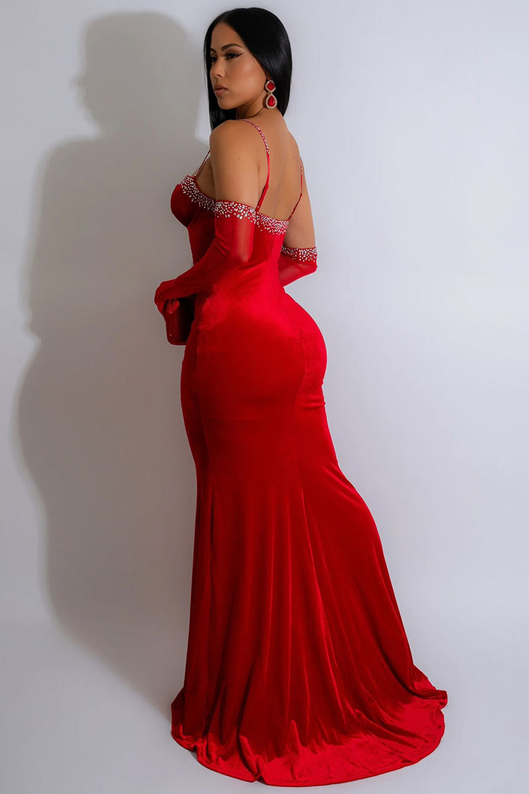 Glamorous Gloved Rhinestone Sweetheart Neck Velvet Evening Maxi Dress - Red  Fashionpara