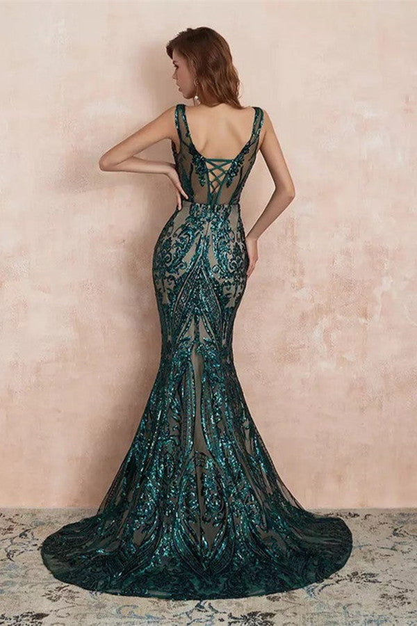 Glamorous Green Sequins Mermaid Evening Gowns Long V-Neck Prom Dress On Sale - Fashionpara