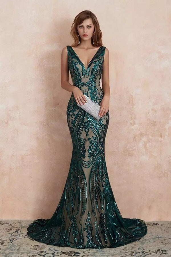 Glamorous Green Sequins Mermaid Evening Gowns Long V-Neck Prom Dress On Sale - Fashionpara