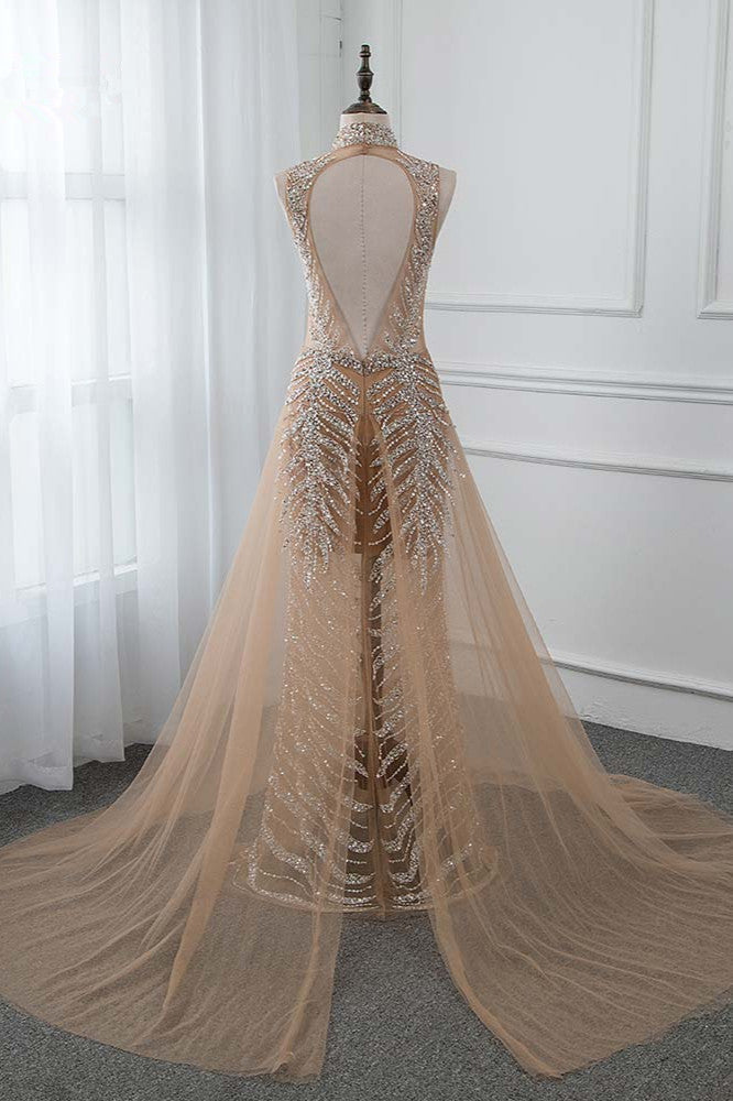 Glamorous High-Neck Beadings Appliques Prom Dresses with Rhinestones - Fashionpara