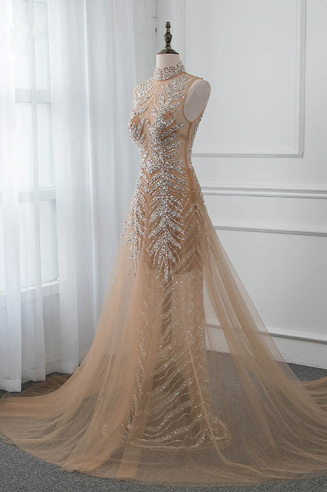 Glamorous High-Neck Beadings Appliques Prom Dresses with Rhinestones - Fashionpara
