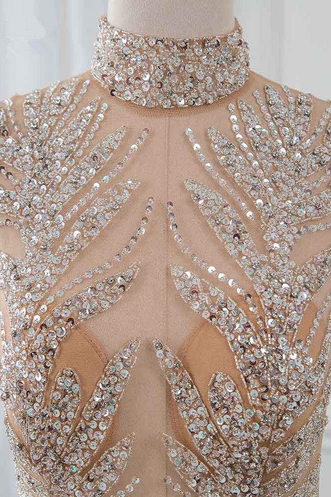 Glamorous High-Neck Beadings Appliques Prom Dresses with Rhinestones - Fashionpara