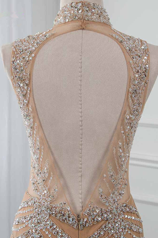 Glamorous High-Neck Beadings Appliques Prom Dresses with Rhinestones - Fashionpara