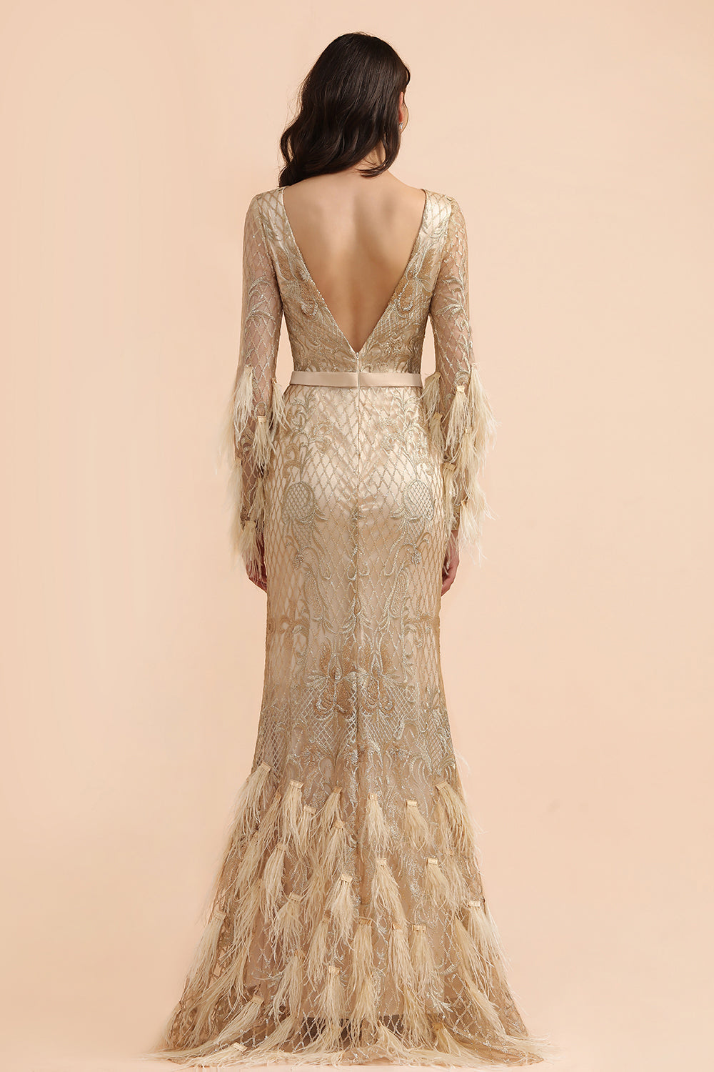 Glamorous Jewel Lace Appliques Prom Dresses Long Sleeves Mermaid Formal Dresses with Fur - Fashionpara
