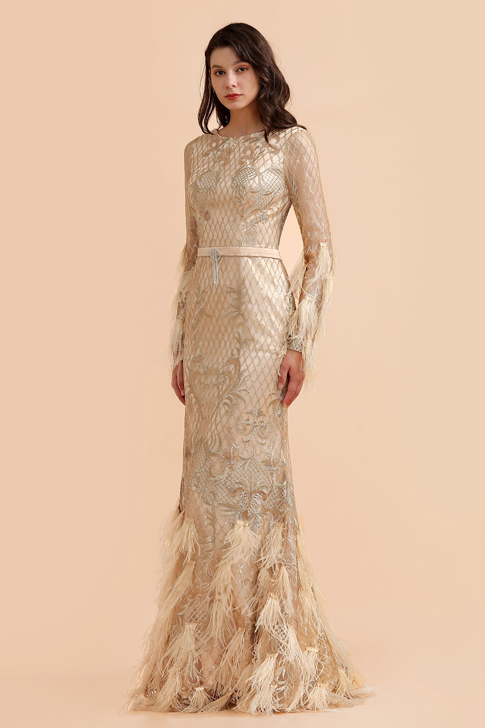 Glamorous Jewel Lace Appliques Prom Dresses Long Sleeves Mermaid Formal Dresses with Fur - Fashionpara