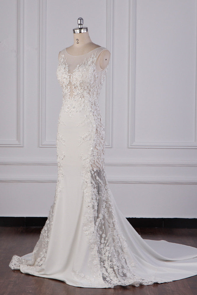 Glamorous Jewel Tulle Lace Wedding Dress Sleeveless Appliques Beadings Bridal Gowns - Fashionpara