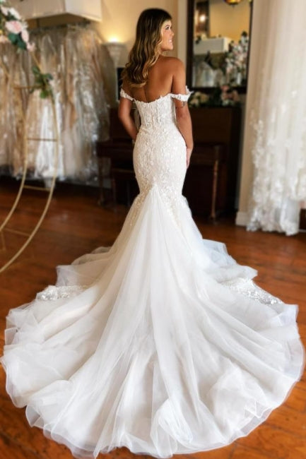 Glamorous Long Mermaid Off-the-Shoulder Lacy Sleeveless Wedding Dress with Elegant Train - Fashionpara