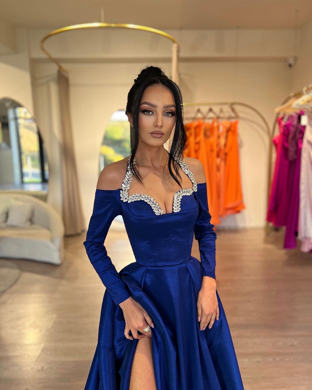 Glamorous Royal Blue A-line Halter Long Sleeves Rhinestones Prom Dress With Slit - Fashionpara