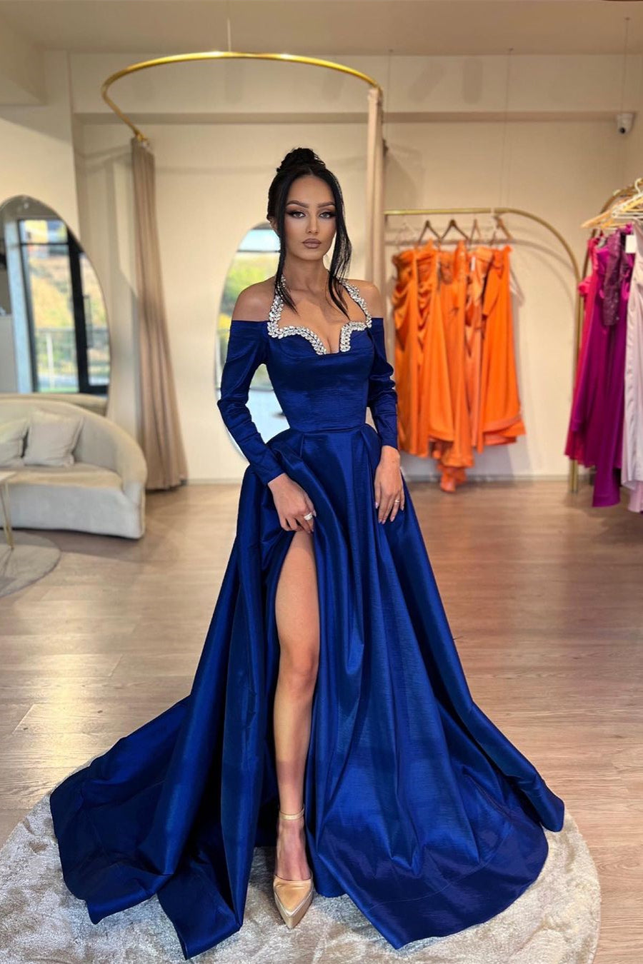 Glamorous Royal Blue A-line Halter Long Sleeves Rhinestones Prom Dress With Slit - Fashionpara
