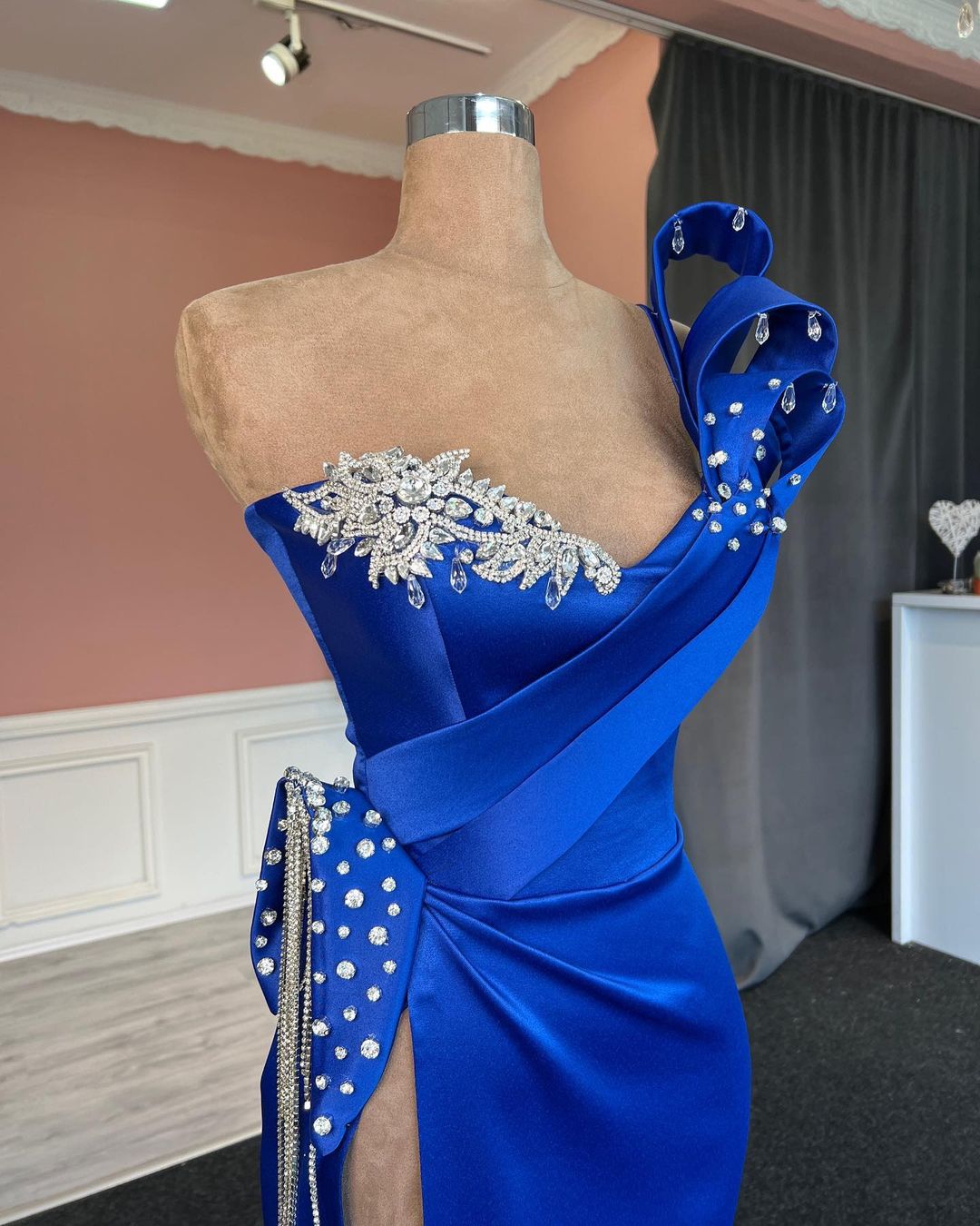 Charming Royal Blue One Column Shoulder Jewels Prom Dress With Slit - Fashionpara